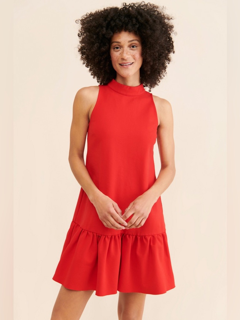 Anthro Maeve Alissa Red Drop Waist Swing Dress Small Mock Neck Ruffle Hem